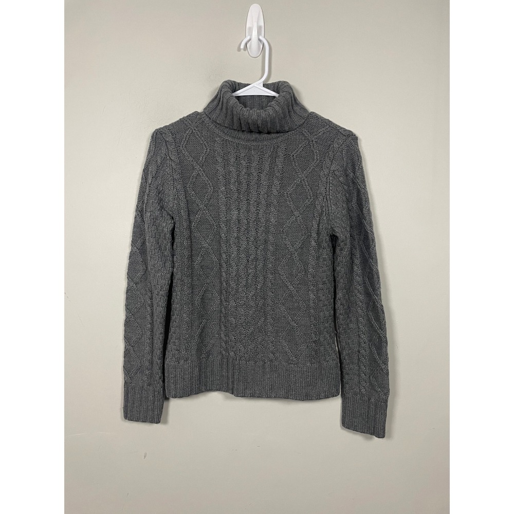 Vintage LL Bean Chunky Cable Knit Wool Blend Turtleneck Sweater Gray Size Small